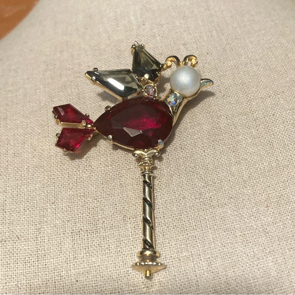 Elegant Signed Vintage Elsa Schiaparelli Red and Gold Bird Brooch Rare